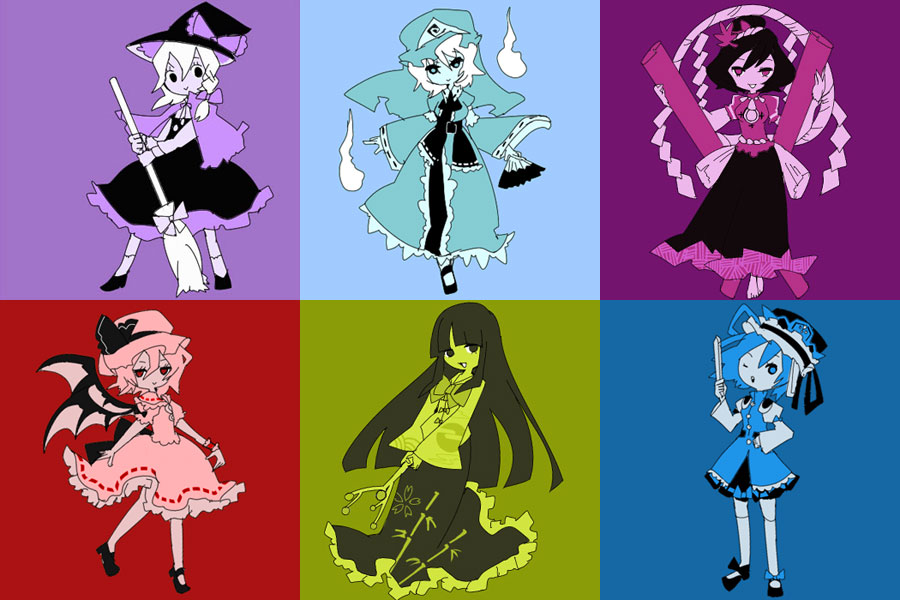 6+girls, bamboo_print, bat_wings, blunt_bangs, bow, bowtie, branch, broom, capelet, closed_mouth, collared_shirt, full_body, hair_bow, hair_ornament, hand_fan, hat, hat_bow, hitodama, holding, holding_broom, holding_fan, houraisan_kaguya, japanese_clothes, jeweled_branch_of_hourai, juliet_sleeves, kimono, kirisame_marisa, leaf_hair_ornament, long_skirt, long_sleeves, looking_at_viewer, medium_skirt, mob_cap, multiple_girls, multiple_monochrome, multiple_theme_colors, obi, open_mouth, puffy_sleeves, remilia_scarlet, rod_of_remorse, rope, saigyouji_yuyuko, sannu, sash, shiki_eiki, shimenawa, shirt, short_hair, single_sidelock, skirt, smile, socks, straight-on, thighhighs, touhou, triangular_headpiece, waist_bow, wings, witch_hat, yasaka_kanako