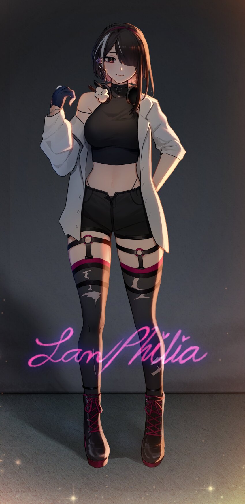 1girl, absurdres, aegis-link, black_boots, black_hair, black_shorts, boots, breasts