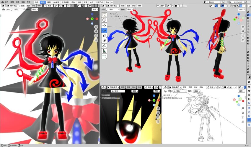 1girl, 3d, ahoge, art_program_in_frame, asymmetrical_wings, black_dress, black_hair, black_thighhighs