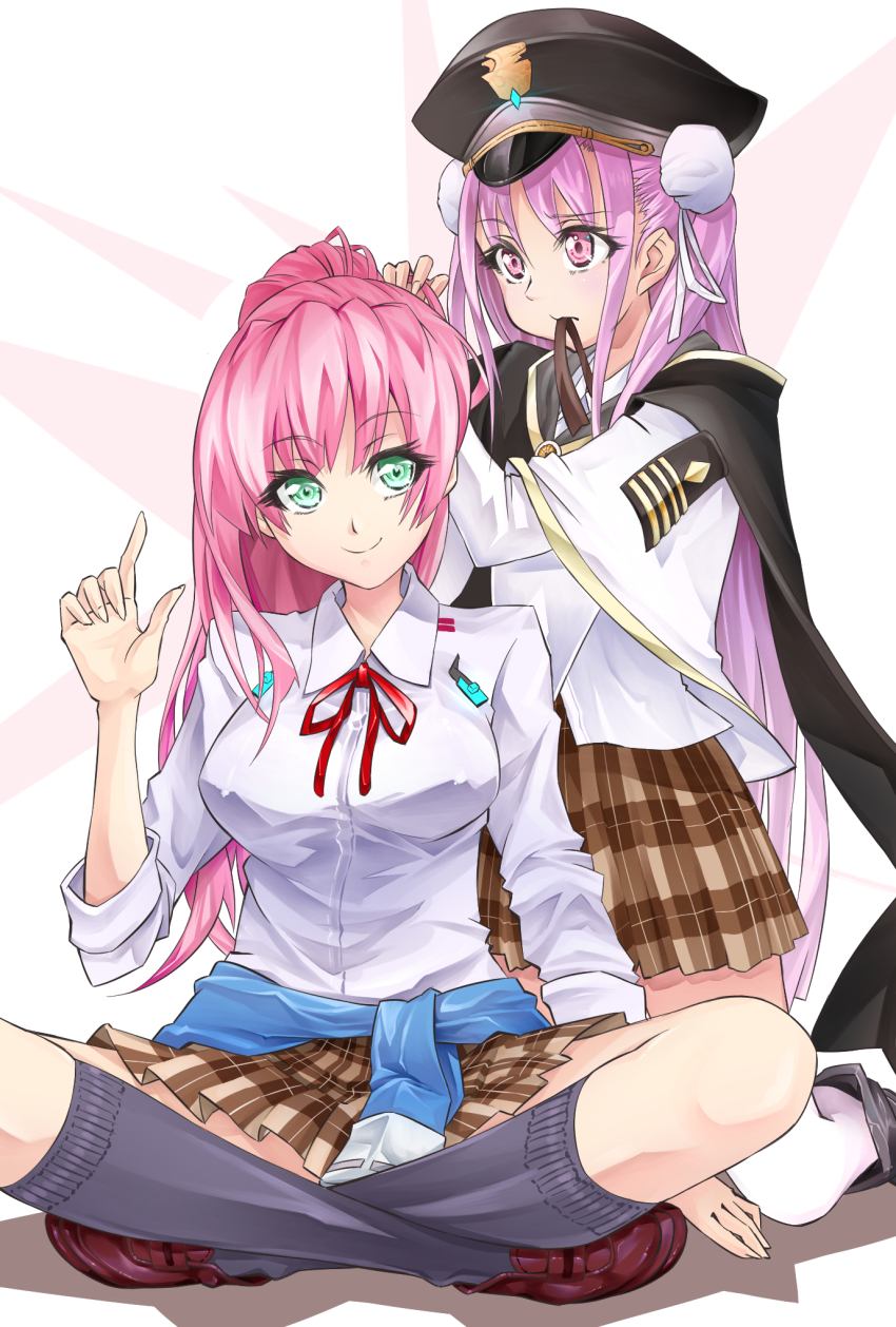 2girls, aikawa_megumi, black_capelet, capelet, clothes_around_waist, commentary_request, crossed_legs, green_eyes