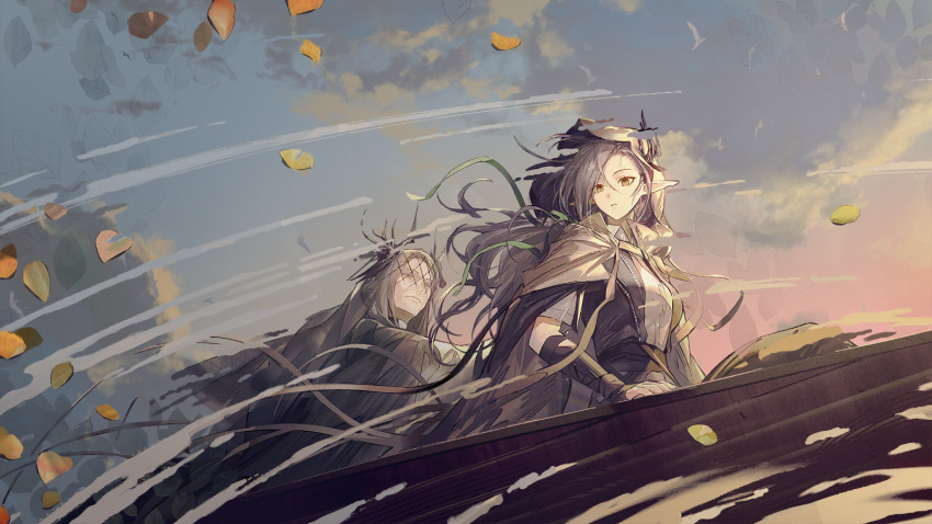 2girls, arknights, artist_request, boat, cloud, cloudy_sky, expressionless, fu'ila_(arknights)