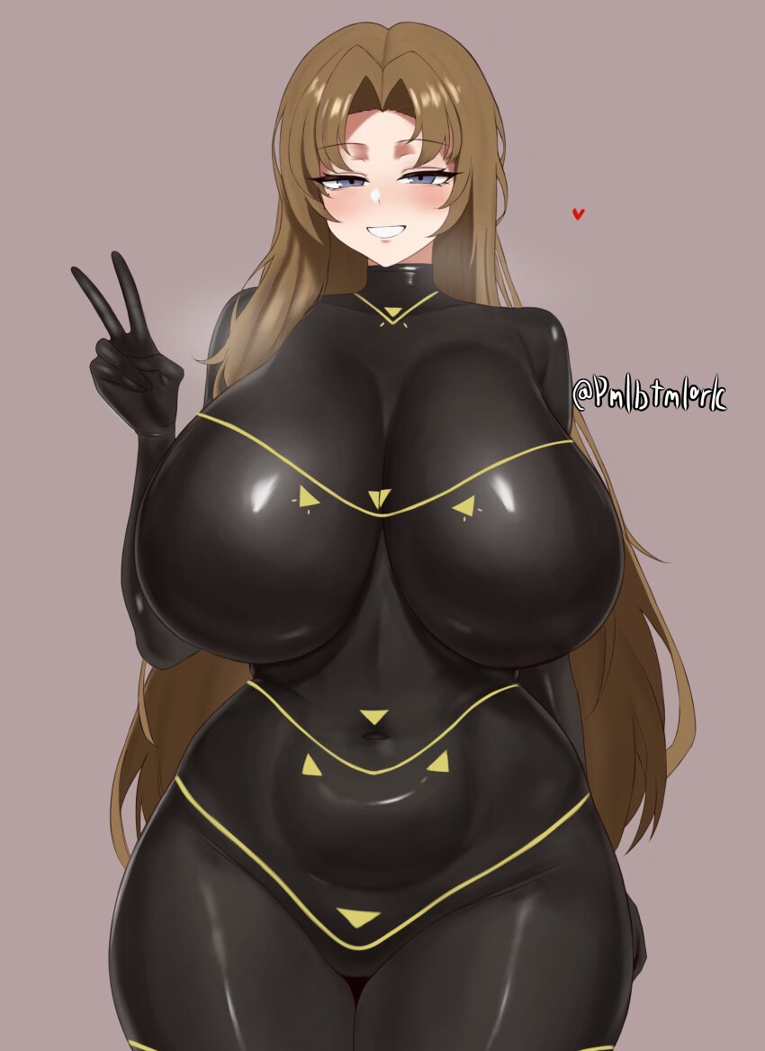 absurdres, alternate_breast_size_(larger), black_bodysuit, blue_eyes, bodysuit, breasts, brown_hair, covered_navel