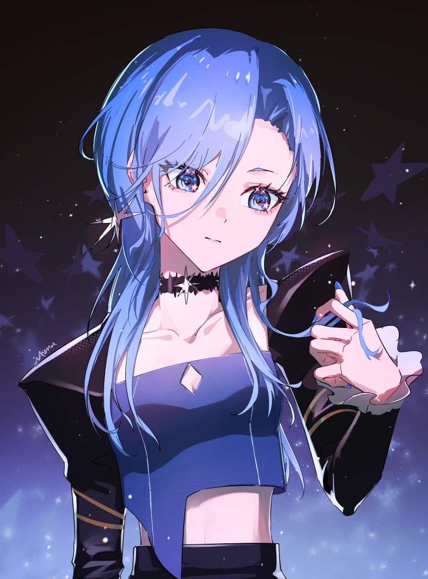 1girl, absurdres, black_choker, blue_eyes, blue_nails, blue_shirt, choker, collar, collarbone, commentary_request, hair_between_eyes, highres, hololive, hoshimachi_suisei, long_hair, long_sleeves, maymea, official_alternate_costume, official_alternate_hairstyle, primadonna_(hoshimachi_suisei), shirt, shoulder_pads_(fashion), signature, star_(symbol), star_in_eye, symbol_in_eye, virtual_youtuber, wolf_cut