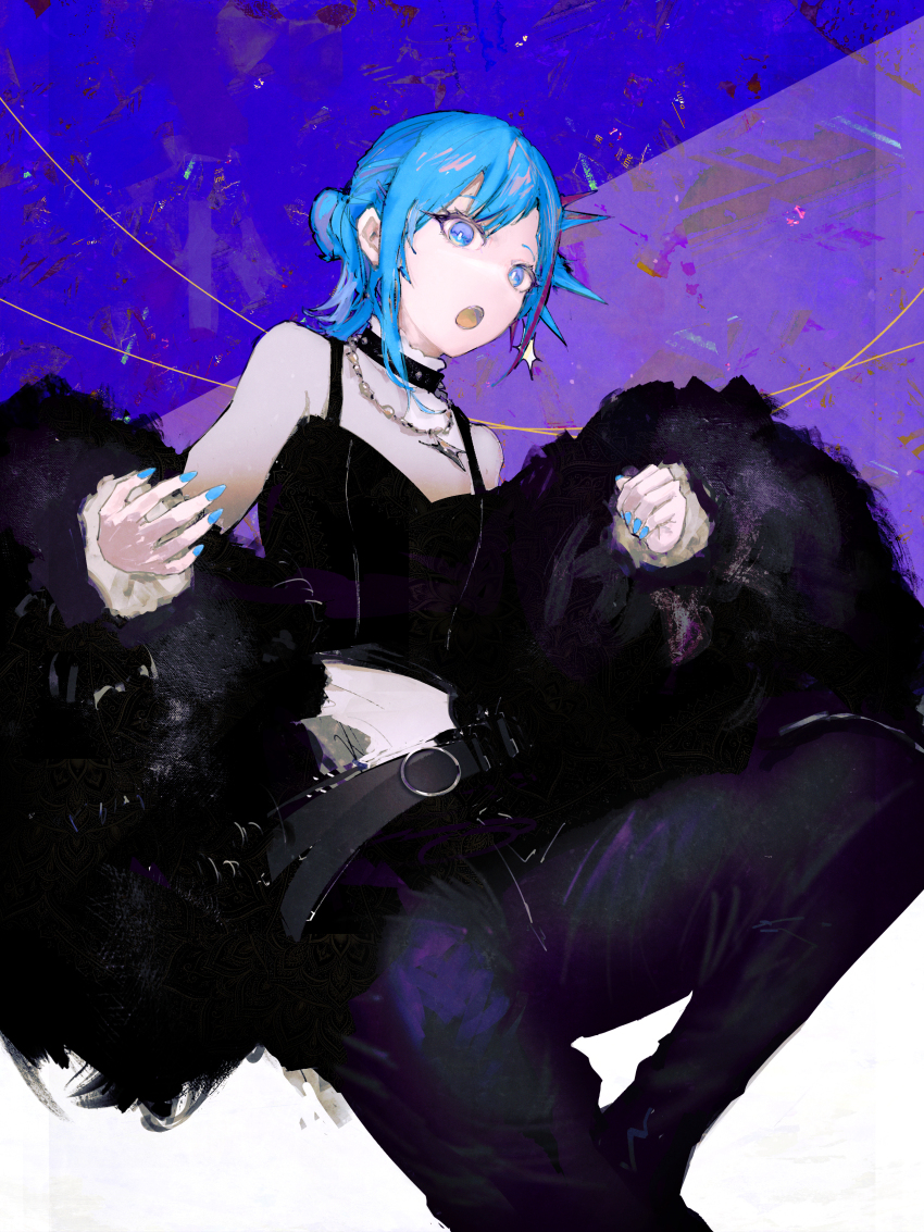 1girl, absurdres, belt, black_belt, black_collar, black_pants, black_shawl, black_shirt