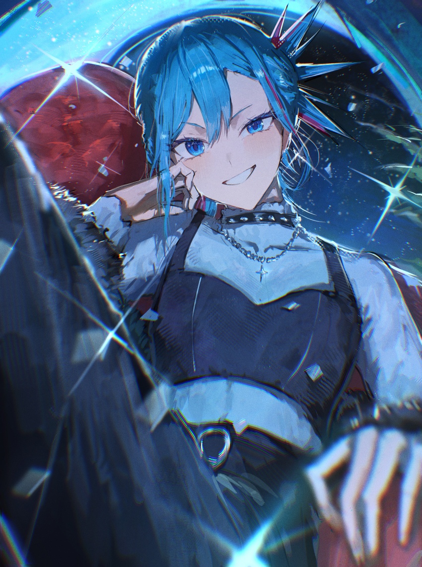 1girl, absurdres, black_choker, black_pants, black_shirt, blue_eyes, blue_hair, blue_nails