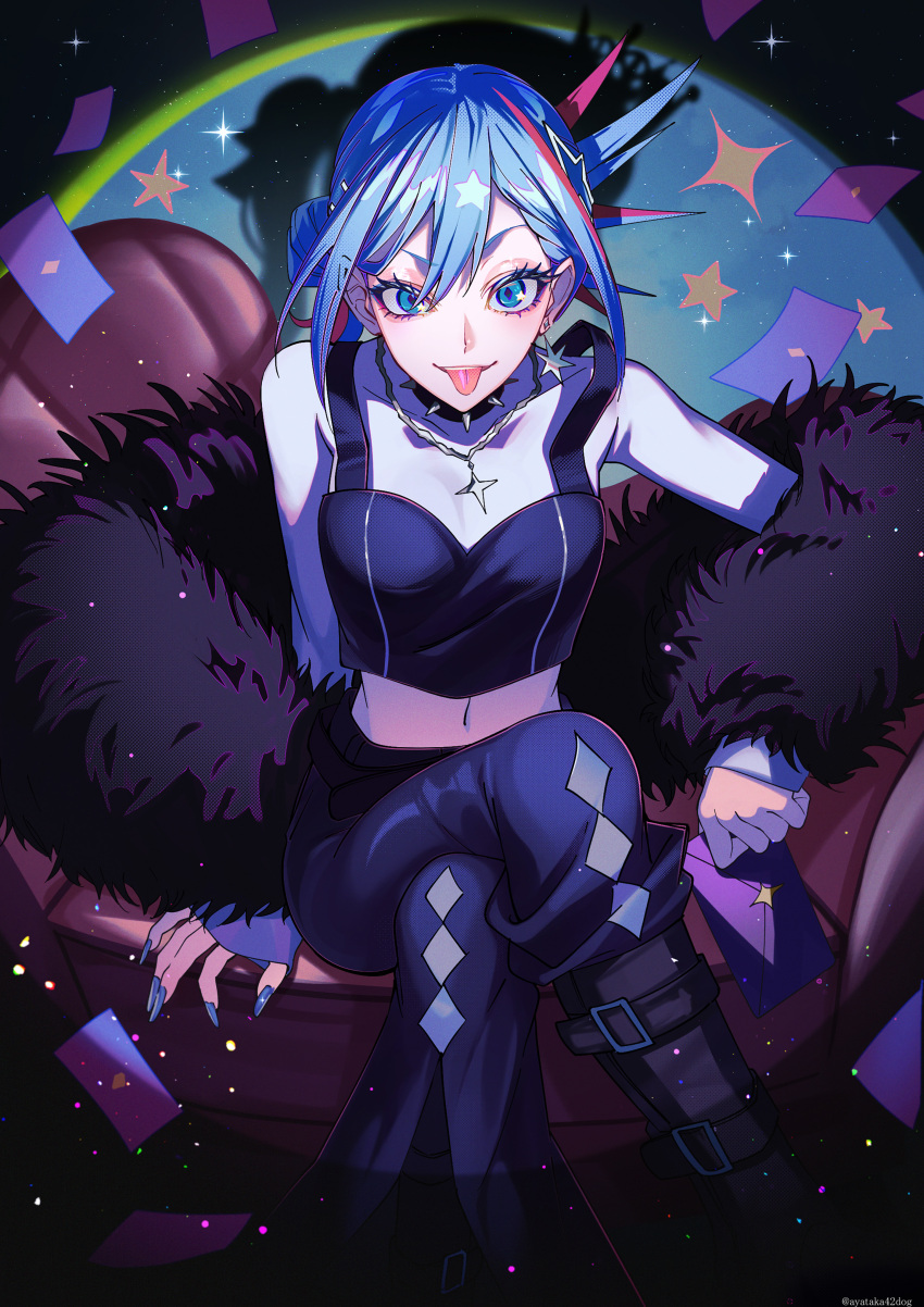 1girl, absurdres, ayataka, black_choker, black_pants, black_shawl, black_shirt, blue_eyes