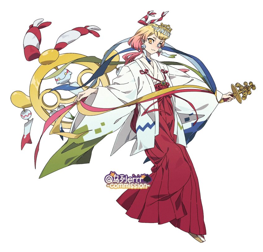 1girl, :3, bell, blonde_hair, blue_eyes, chihaya_(clothing), chimecho, commentary