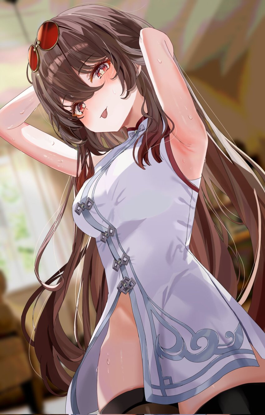 1girl, armpits, arms_behind_head, black_thighhighs, breasts, brown_hair, chinese_clothes, commentary_request