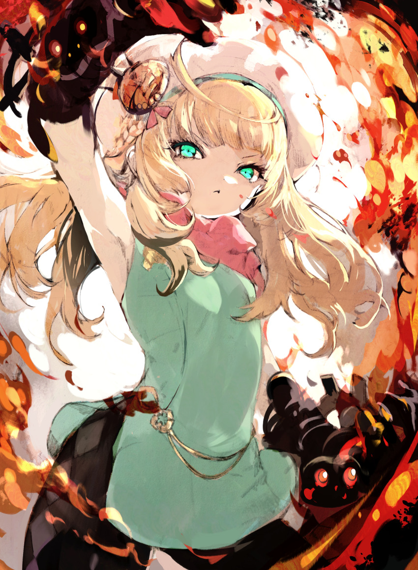 1girl, alchemist_(sekaiju), alchemist_5_(sekaiju), aqua_dress, black_pantyhose, blonde_hair, commentary_request, dress