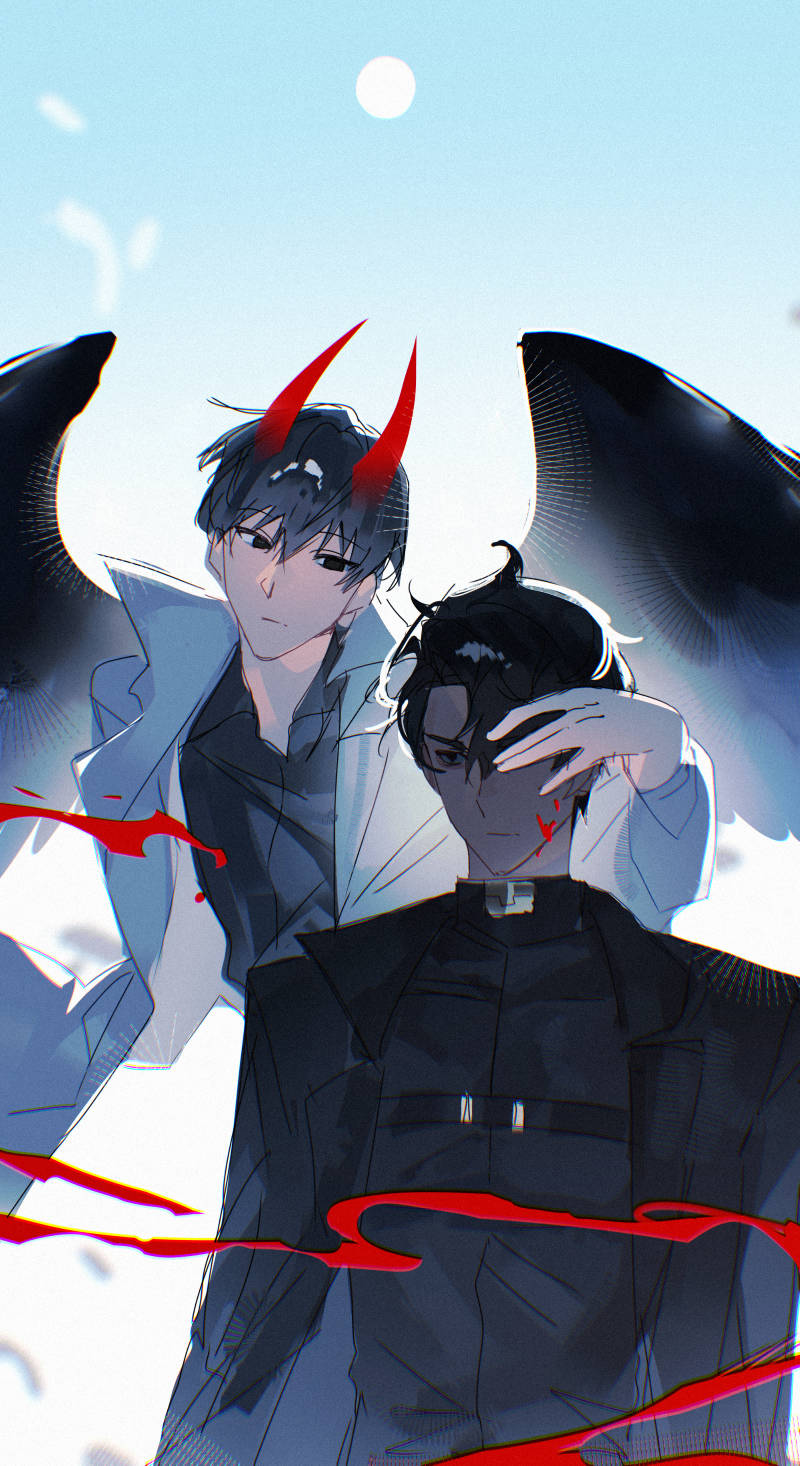 2boys, black_coat, black_eyes, black_hair, black_shirt, black_wings, blood, blood_on_face