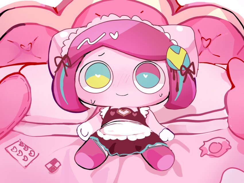 1girl, aisetsubutsu_(utau), animal_ears, apron, aqua_eyes, aqua_streaks, aqua_trim, arms_at_sides, bare_arms, bare_shoulders, blush, boots, bow, bra, bright_pupils, brown_bra, brown_ribbon, brown_skirt, cat_ears, cat_girl, chibi, chibi_only, cleavage_cutout, closed_mouth, clothing_cutout, colored_skin, couch, flat_chest, frilled_apron, frills, full_body, gloves, hairpods, headdress, heart, heart-shaped_pillow, heart-shaped_pupils, heart_cutout, heterochromia, highres, indoors, lying, miniskirt, mochiko_bittoyo, multicolored_eyes, multicolored_hair, no_nose, nose_blush, official_alternate_costume, on_back, on_couch, pillow, pink_boots, pink_bow, pink_eyes, pink_hair, pink_headdress, pink_skin, pleated_skirt, poyoroid, raised_inner_eyebrows, reclining, ribbon, ribbon_trim, short_hair, skirt, smile, solo, straight-on, streaked_hair, sweat, swept_bangs, symbol-shaped_pupils, thigh_boots, thighhighs, two-tone_eyes, underwear, utau, waist_apron, white_apron, white_gloves, white_pupils, yellow_eyes, zettai_ryouiki