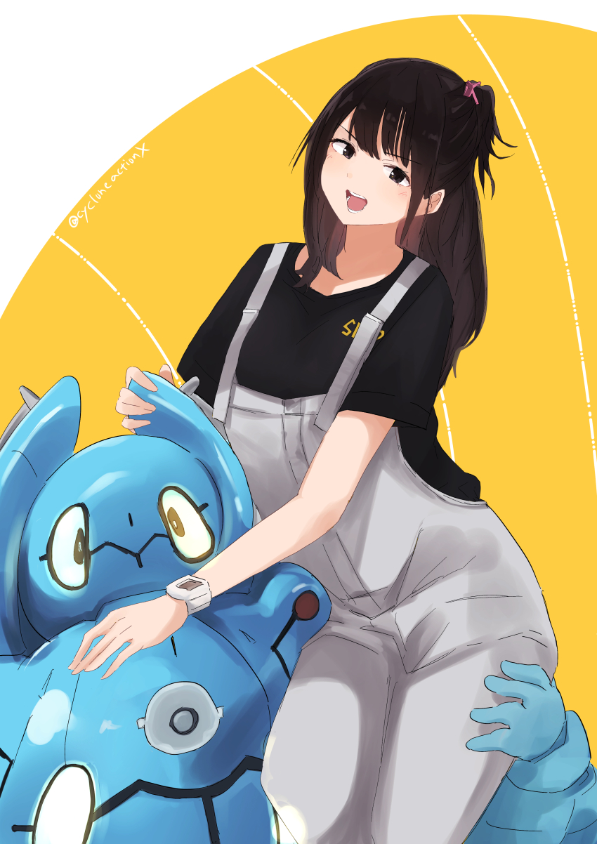 1girl, :d, absurdres, animification, armor, black_eyes, black_hair, black_shirt