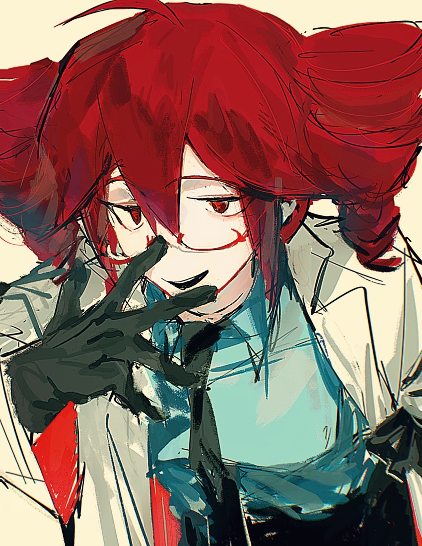 absurdres, black_gloves, chinese_commentary, coat, collared_shirt, commentary_request, doctor, drill_hair, glasses, gloves, half-closed_eyes, highres, igaku_(utau), kasane_teto, lab_coat, looking_at_viewer, necktie, open_clothes, open_coat, qing716328, red_eyes, red_hair, shirt, smile, twin_drills, white_coat