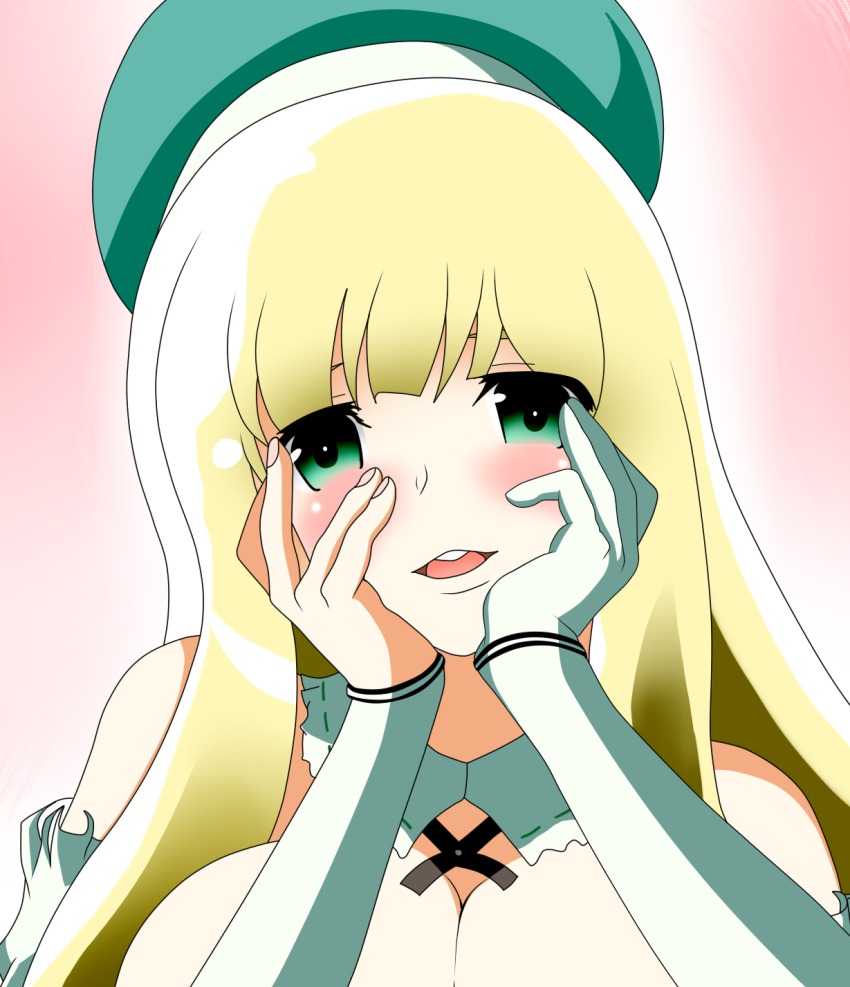 10s, blonde_hair, blush, breasts, green_eyes, highres, large_breasts, nihyaku_kairi, senran_kagura, yandere_trance, yomi_(senran_kagura)