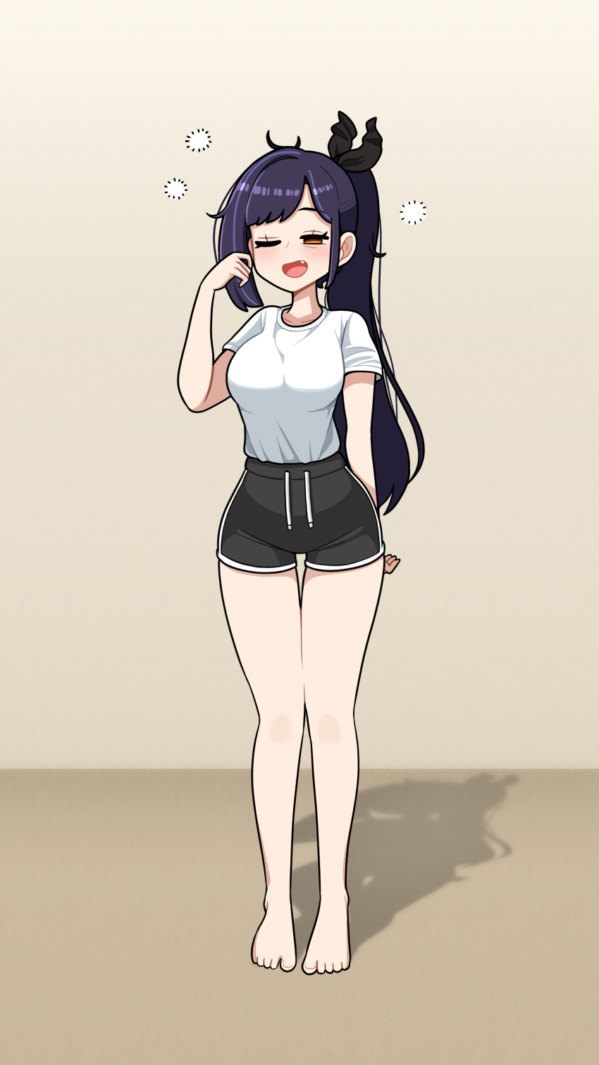 1girl, absurdres, bare_legs, barefoot, black_shorts, blush, breasts, brown_eyes, commentary, dolphin_shorts, full_body, highres, korean_commentary, large_breasts, lilpa, long_hair, mozzaraccoon, one_eye_closed, open_mouth, ponytail, purple_hair, shadow, shirt, shirt_tucked_in, short_shorts, short_sleeves, shorts, sleepy, smile, solo, squeans, standing, t-shirt, thigh_gap, virtual_youtuber, waktaverse, white_shirt, yawning