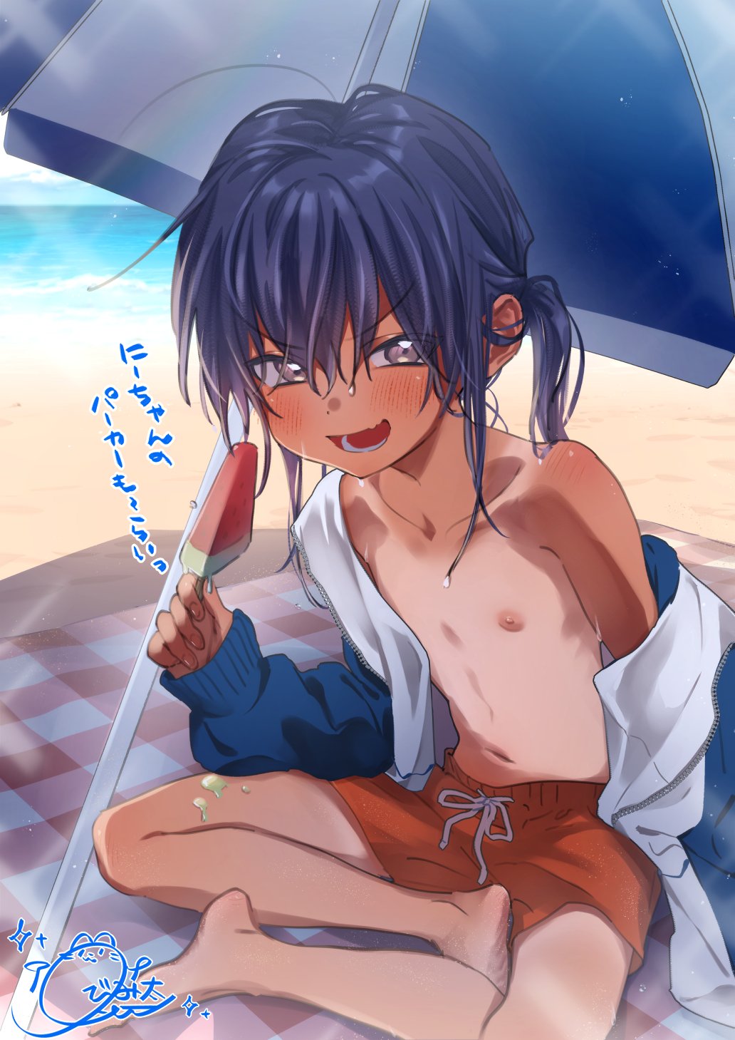1boy, bare_pectorals, beach, beach_umbrella, bishounen, blue_jacket, blush, child