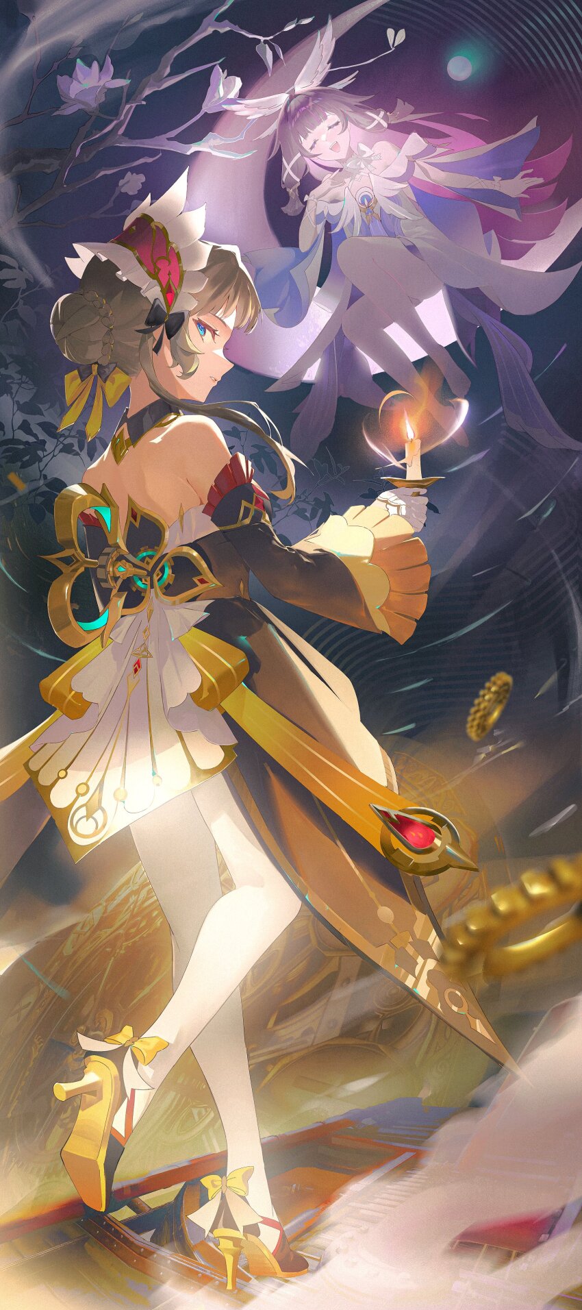 2girls, absurdres, back, black_collar, black_sleeves, blue_eyes, bonnet, braid