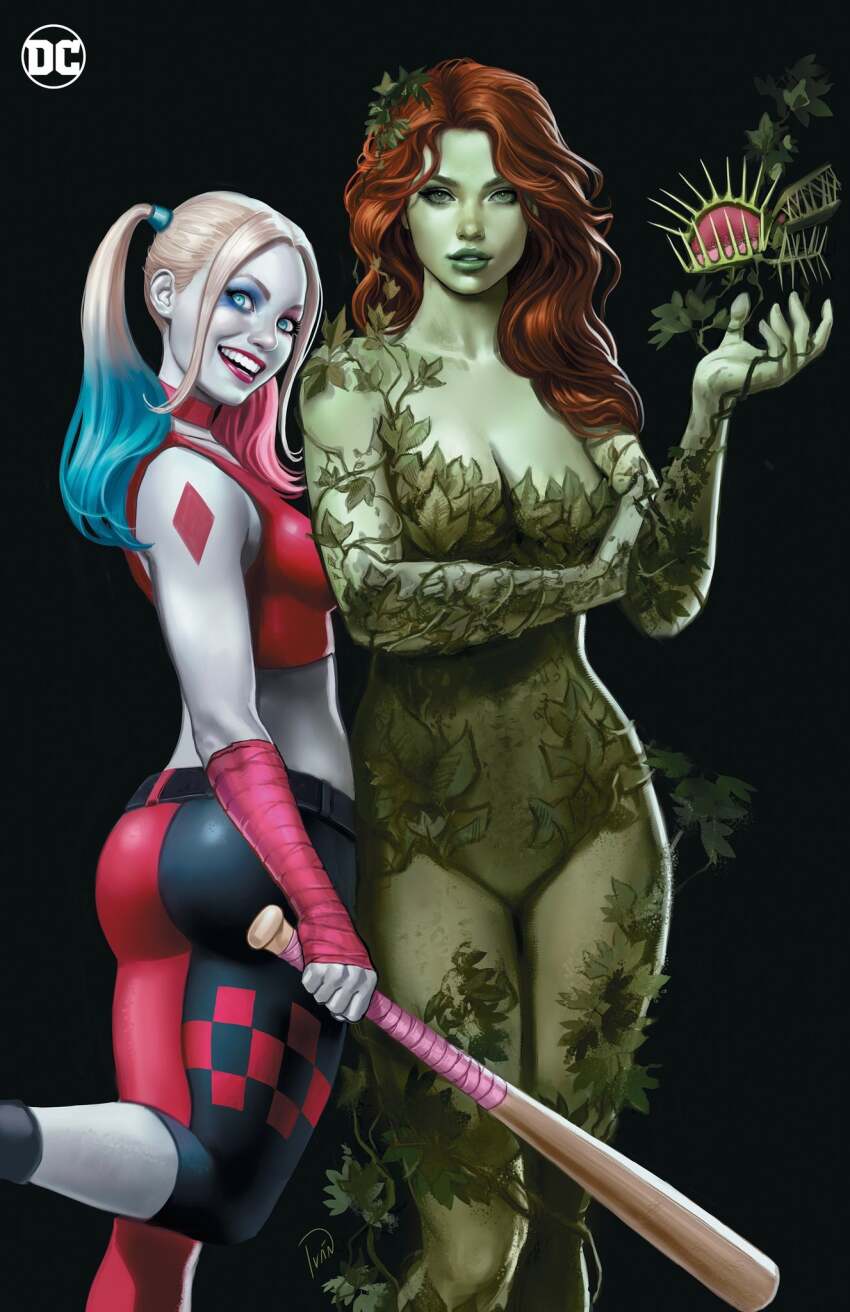 2girls, ass, bandaged_hand, bandages, baseball_bat, batman_(series), belt, black_background