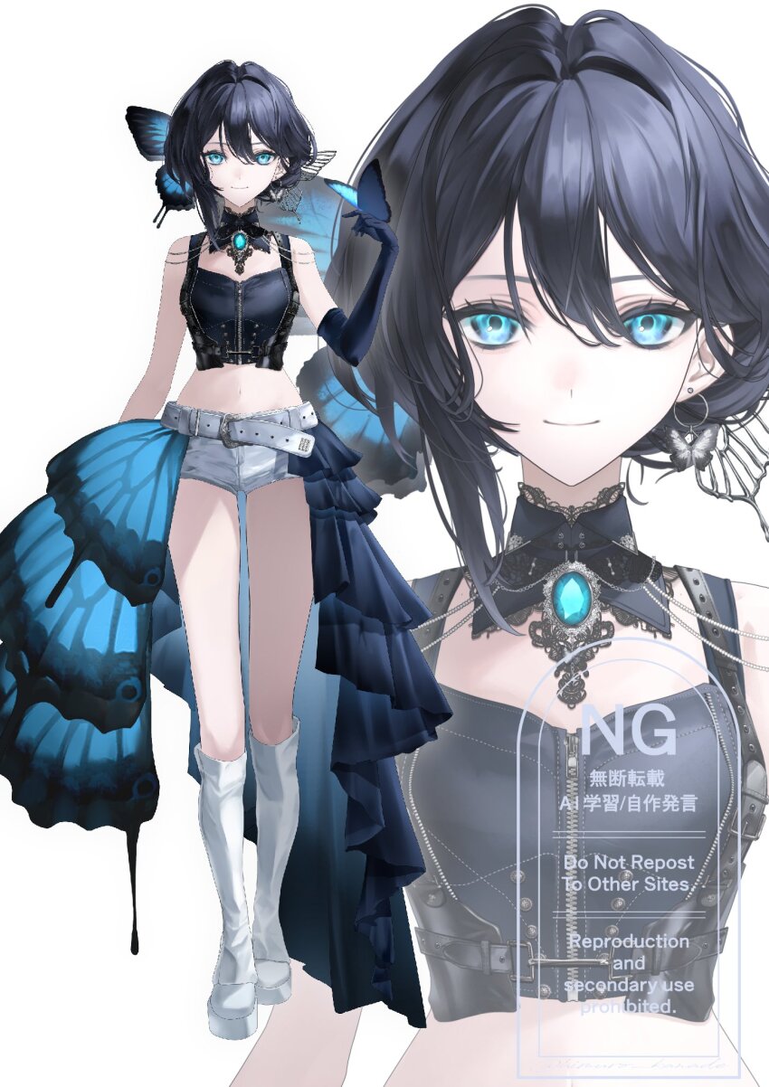 1girl, belt, black_choker, black_corset, black_gloves, black_hair, blue_eyes, boots, breasts, butterfly_hair_ornament, butterfly_wings, choker, cleavage, commentary_request, corset, denim, denim_shorts, full_body, gloves, hair_ornament, highres, himuro_kanade, insect_wings, jewelry, long_hair, looking_at_viewer, midriff, necklace, original, pendant, platform_boots, shorts, smile, solo, standing, virtual_youtuber, white_background, white_boots, wings