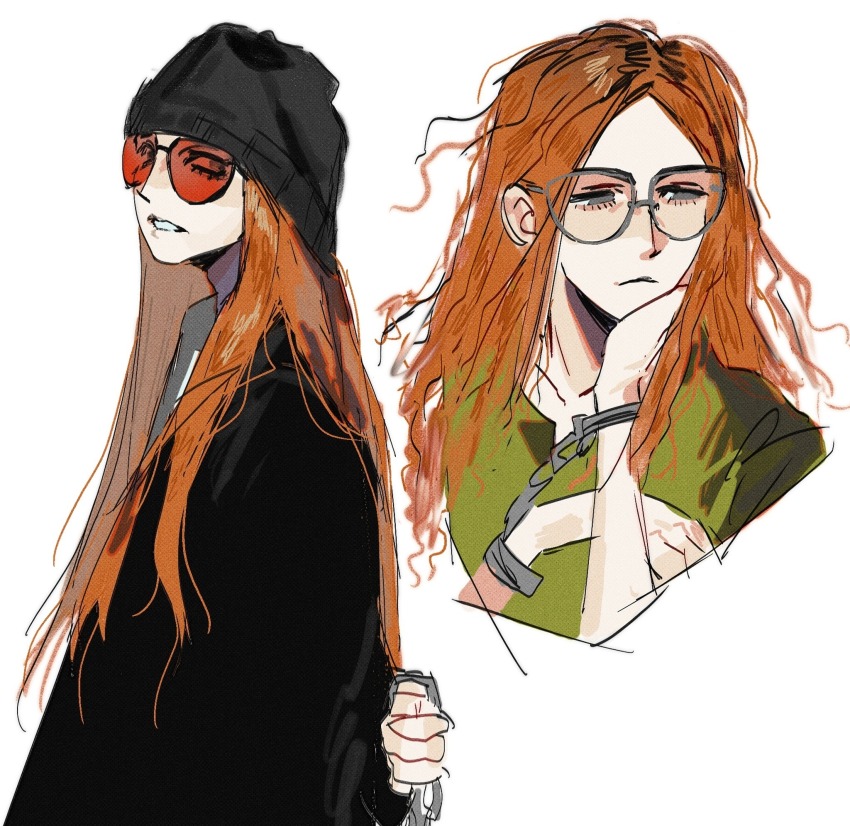 1girl, animification, bare_arms, beanie, black-framed_eyewear, black_hat, black_shirt, brenda_spencer