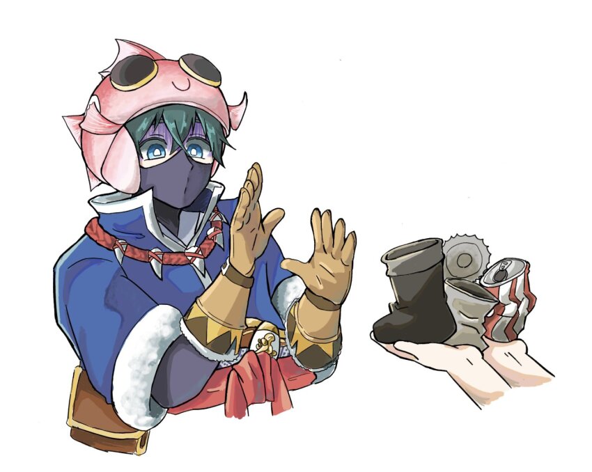 1boy, aqua_eyes, aqua_hair, boots, can, commentary_request, disembodied_hand, drink_can