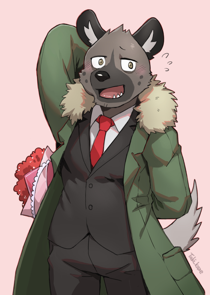 1boy, aggressive_retsuko, black_pants, black_suit, blush, bouquet, brown-fur, commentary