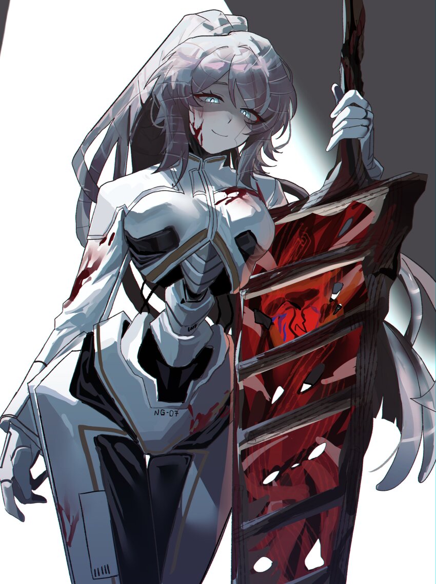 1girl, absurdres, autisticheath, blood, blood_on_face, blue_eyes, closed_mouth, commentary