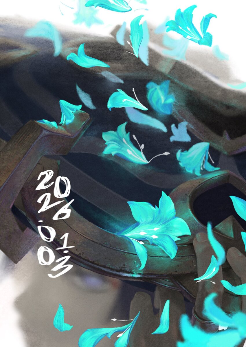 1boy, aqua_flower, aqua_petals, black_hat, blurry, closed_mouth, commentary_request, dated