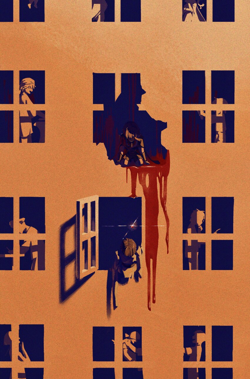 1girl, 6+boys, absurdres, against_window, armor, black_hair, black_kimono, black_sash