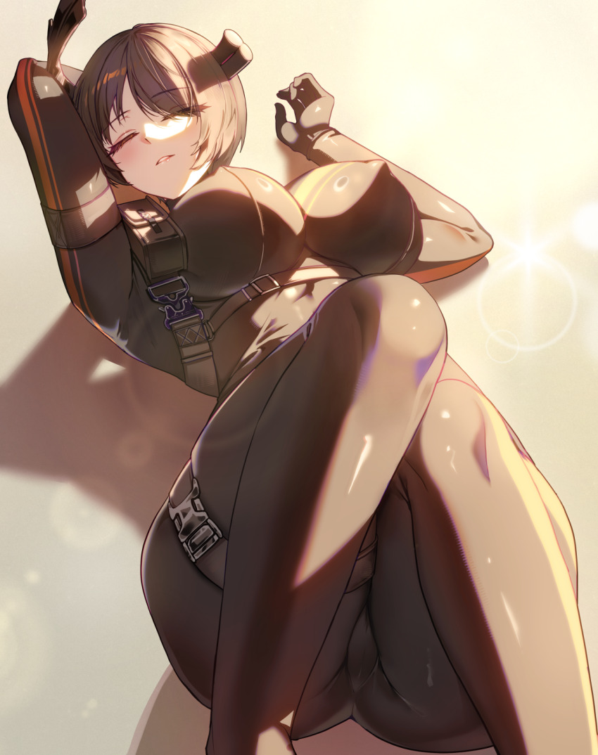 1girl, antlers, asdf_(rokiru08), black_bodysuit, bodysuit, breasts, closed_eyes, commentary_request, covered_erect_nipples, deer_antlers, genderswap, genderswap_(mtf), highres, horns, korean_commentary, large_breasts, limbus_company, project_moon, rudolph_(project_moon), short_hair, solo, thighs