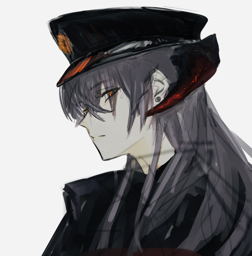 1girl, absurdres, arknights, baoli0606, close-up, commentary, dragon_girl, dragon_horns, ear_piercing, from_side, grey_hair, hair_between_eyes, hat, highres, horns, looking_at_viewer, orange_eyes, piercing, police_hat, red_horns, saria_(arknights), saria_(the_law)_(arknights), serious, simple_background, solo, upper_body, white_background