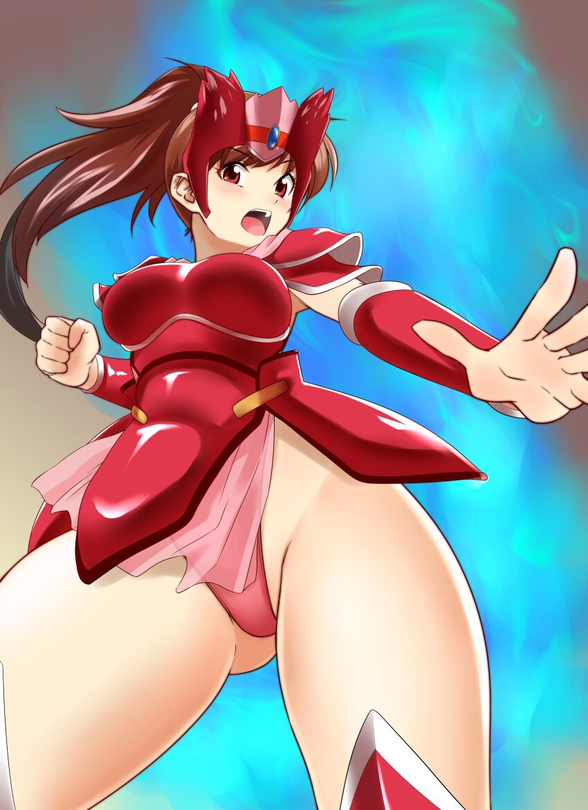 1girl, absurdres, armor, breasts, brown_hair, clenched_hand, commentary_request, covered_navel