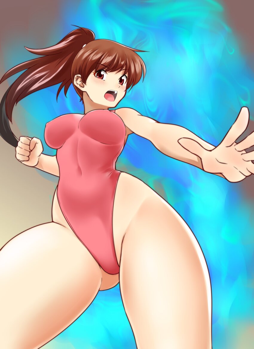 1girl, absurdres, breasts, brown_hair, clenched_hand, commentary_request, covered_navel, cowboy_shot