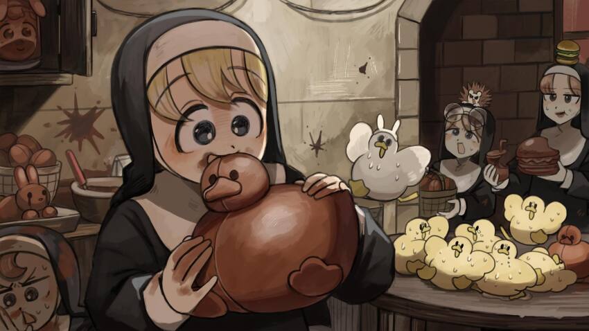 4girls, animal_ears, baby_animal, basket, bird, blonde_hair, blue_eyes, brown_eyes