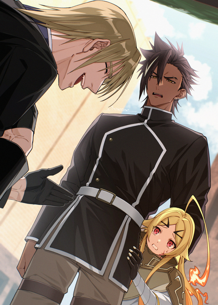 1girl, 2boys, ahoge, armor, belt, black_gloves, black_hair, black_jacket