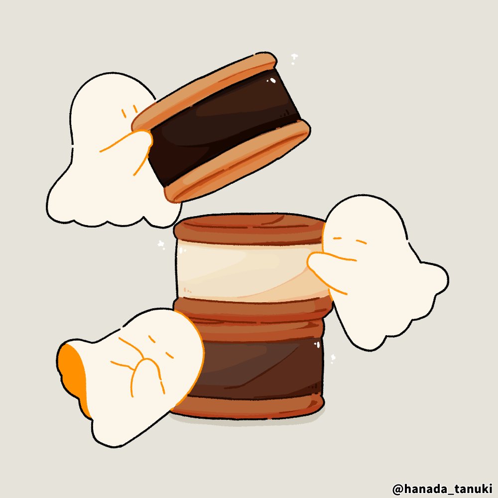 artist_name, commentary_request, floating, food, food_stack, ghost, grey_background, hanada_tanuki