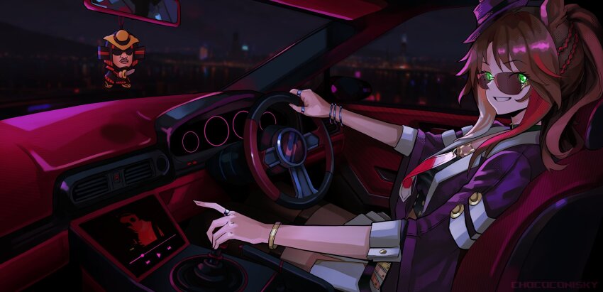 1girl, animal_ears, black_shirt, bracelet, breasts, brown_hair, car, car_interior