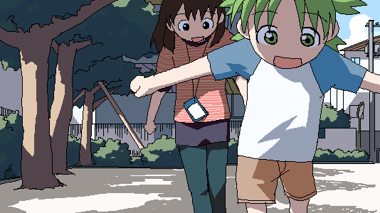 2girls, ayase_fuuka, brown_hair, four_leaf_clover_hairstyle, green_eyes, green_hair, kamiya_ron, koiwai_yotsuba