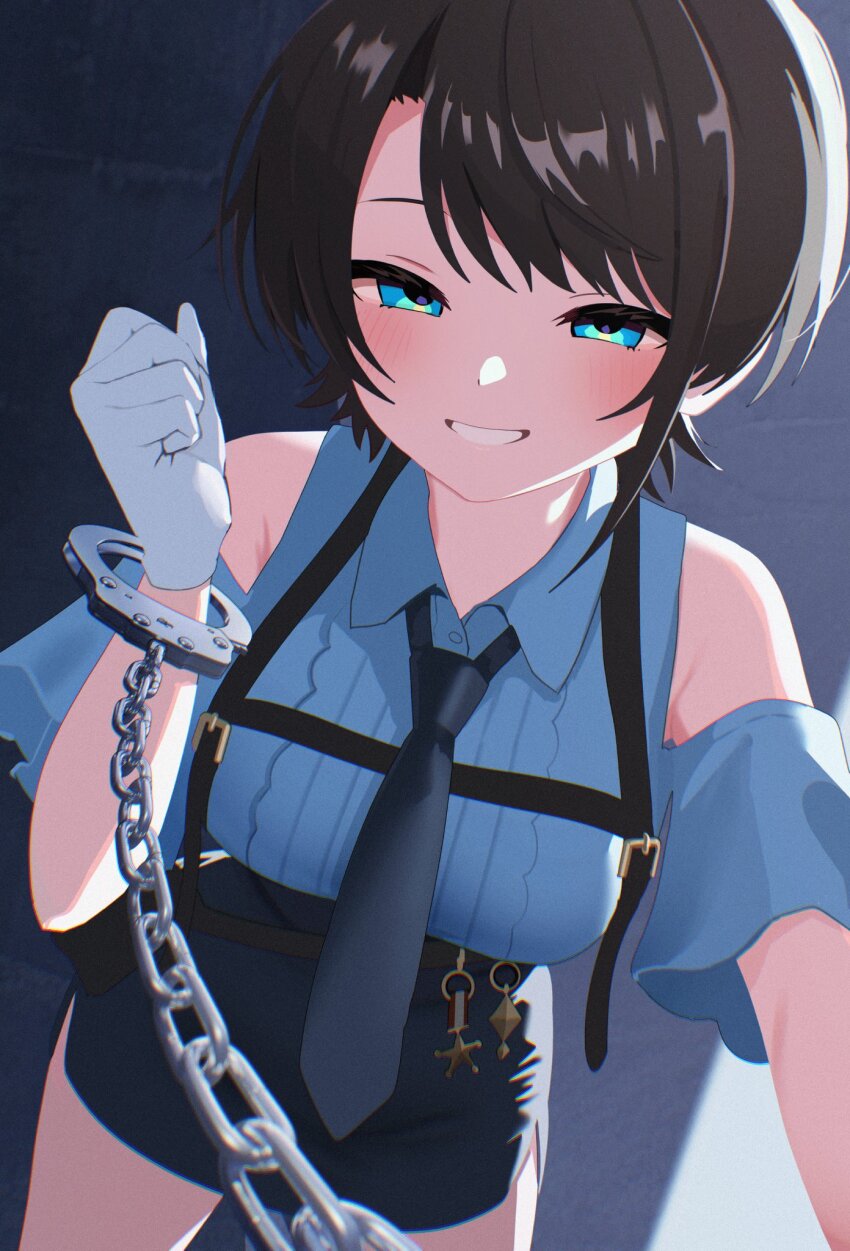 1girl, black_hair, black_necktie, black_skirt, blue_eyes, blue_shirt, buckle, chain