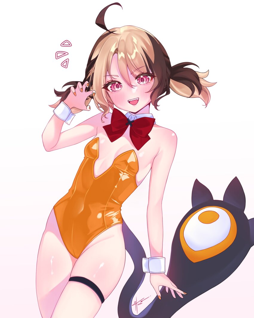 1girl, absurdres, ahoge, alternate_costume, bow, breasts, brown_hair, commentary