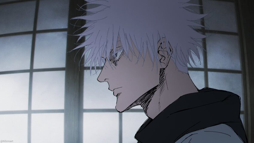 1boy, black_scarf, blue_eyes, coat, commentary_request, empty_eyes, from_side, gojo_satoru