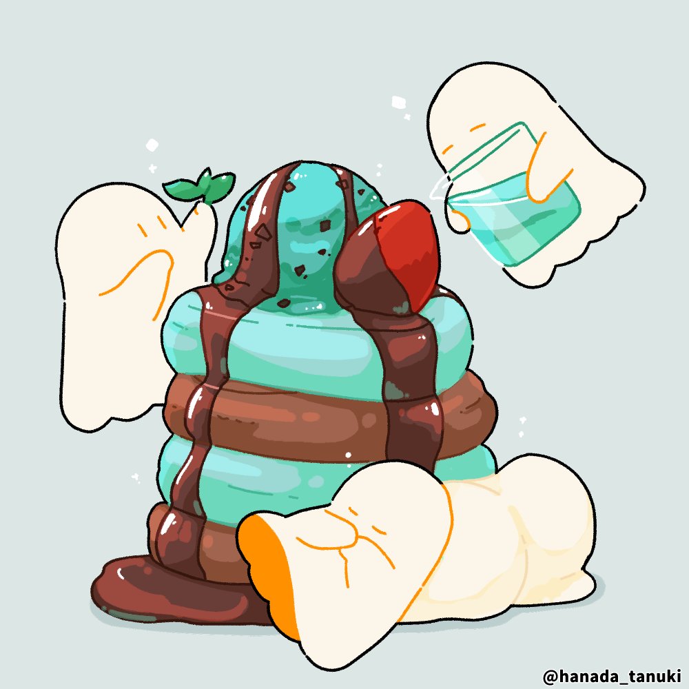 artist_name, chocolate, chocolate_syrup, commentary_request, floating, food, fruit, ghost, grey_background, hanada_tanuki, holding, holding_leaf, ice_cream, leaf, mint, mint_chocolate, no_humans, original, pancake, pancake_stack, sheet_ghost, simple_background, souffle_pancake, strawberry, syrup_dispenser