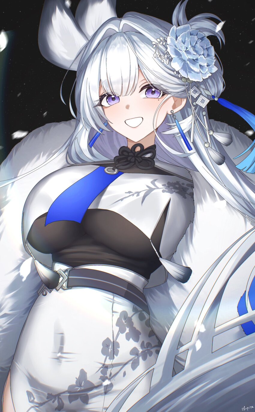 1girl, belt, breasts, commentary_request, covered_navel, covered_underboob, earrings, floral_print