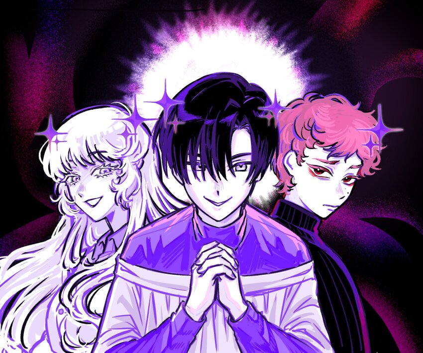 1girl, 2boys, abstract_background, black_hair, black_sweater, brown_hair, buttons, chaadya0109, chorister, closed_mouth, colored_eyelashes, commentary, grey_eyes, grin, hair_between_eyes, highres, long_bangs, long_hair, long_sleeves, mari_(twcftw), multiple_boys, open_mouth, ori_(twcftw), outline, own_hands_together, praying, purple_outline, purple_shirt, red_eyes, rem_(twcftw), robe, shirt, short_hair, smile, star_(symbol), sweater, tomorrow_won't_come_for_those_without, turtleneck, turtleneck_sweater, white_eyelashes, white_eyes, white_hair, white_robe, white_shirt, worried