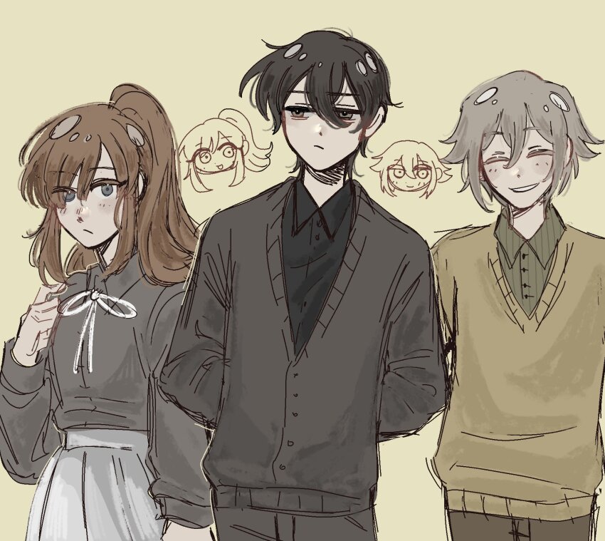 1girl, 2boys, ^_^, black_hair, black_shirt, blue_eyes, brown_hair, brown_sweater_vest