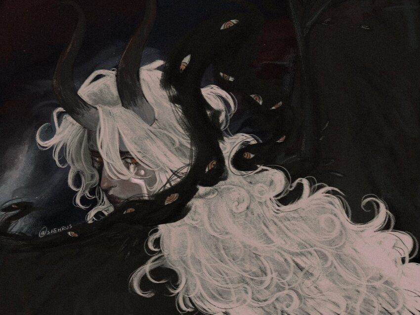 1boy, artist_name, bat_wings, black_horns, black_wings, closed_mouth, colored_skin, commentary, extra_arms, facial_mark, grey_horns, grey_skin, hair_between_eyes, highres, horns, imu_(one_piece), lips, long_hair, looking_at_viewer, male_focus, multicolored_horns, one_piece, orange_eyes, realistic, red_eyes, ringed_eyes, saehrus, spoilers, twitter_username, two-tone_horns, wavy_hair, white_hair, wings