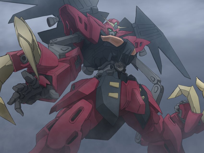 after_war_gundam_x, claw_(weapon), clenched_hand, commentary_request, feet_out_of_frame, green_eyes, gundam, gundam_virsago_chest_break, highres, hizumi_ms, legs_apart, mecha, mecha_focus, mechanical_wings, mobile_suit, no_humans, open_hand, robot, science_fiction, solo, standing, thrusters, v-fin, weapon, wings