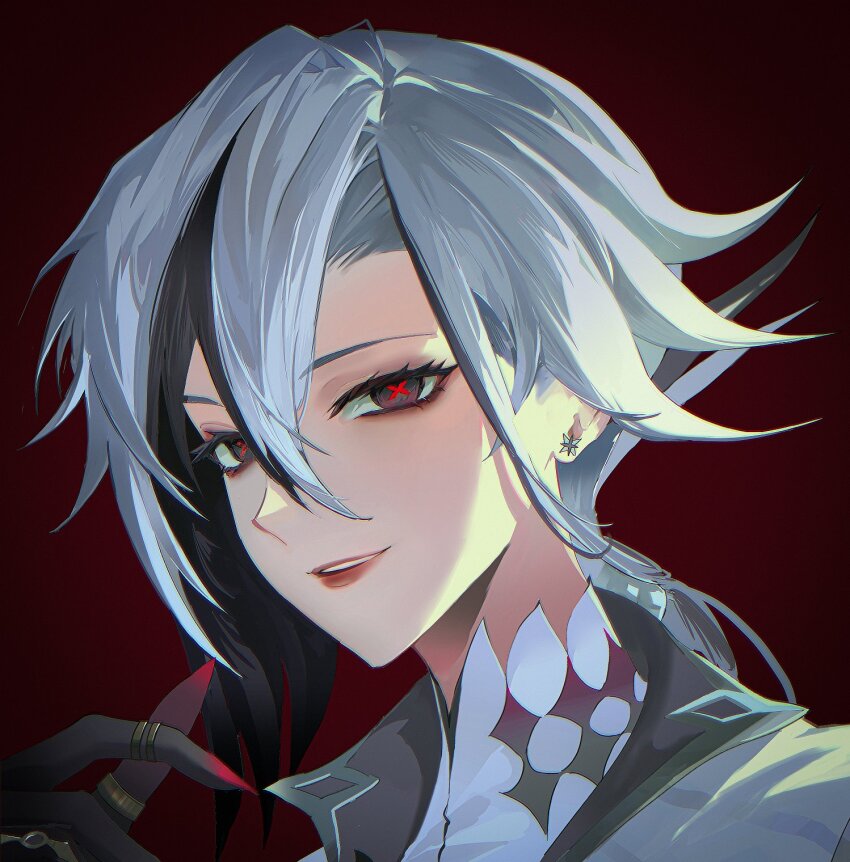 1girl, arlecchino_(genshin_impact), black_eyes, black_hair, black_hands, black_streaks, coat, colored_extremities