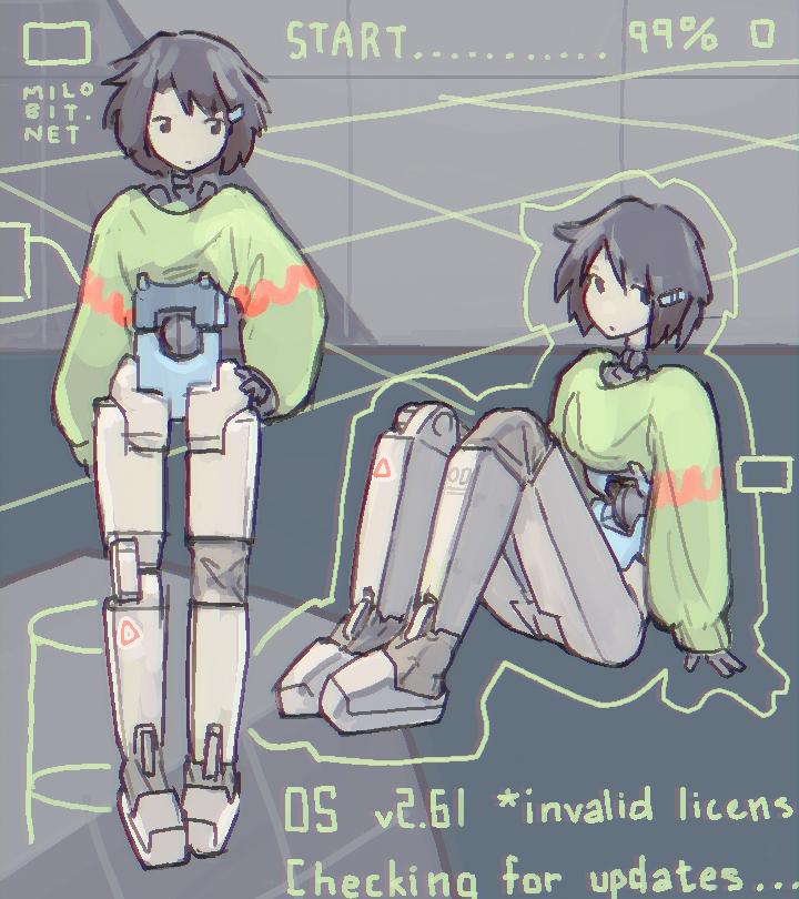 1girl, artist_name, black_eyes, black_hair, commentary, green_sweater, hair_ornament, heads-up_display, joints, milobit, multiple_views, on_floor, original, robot_girl, robot_joints, short_hair, sitting, standing, sweater, user_interface