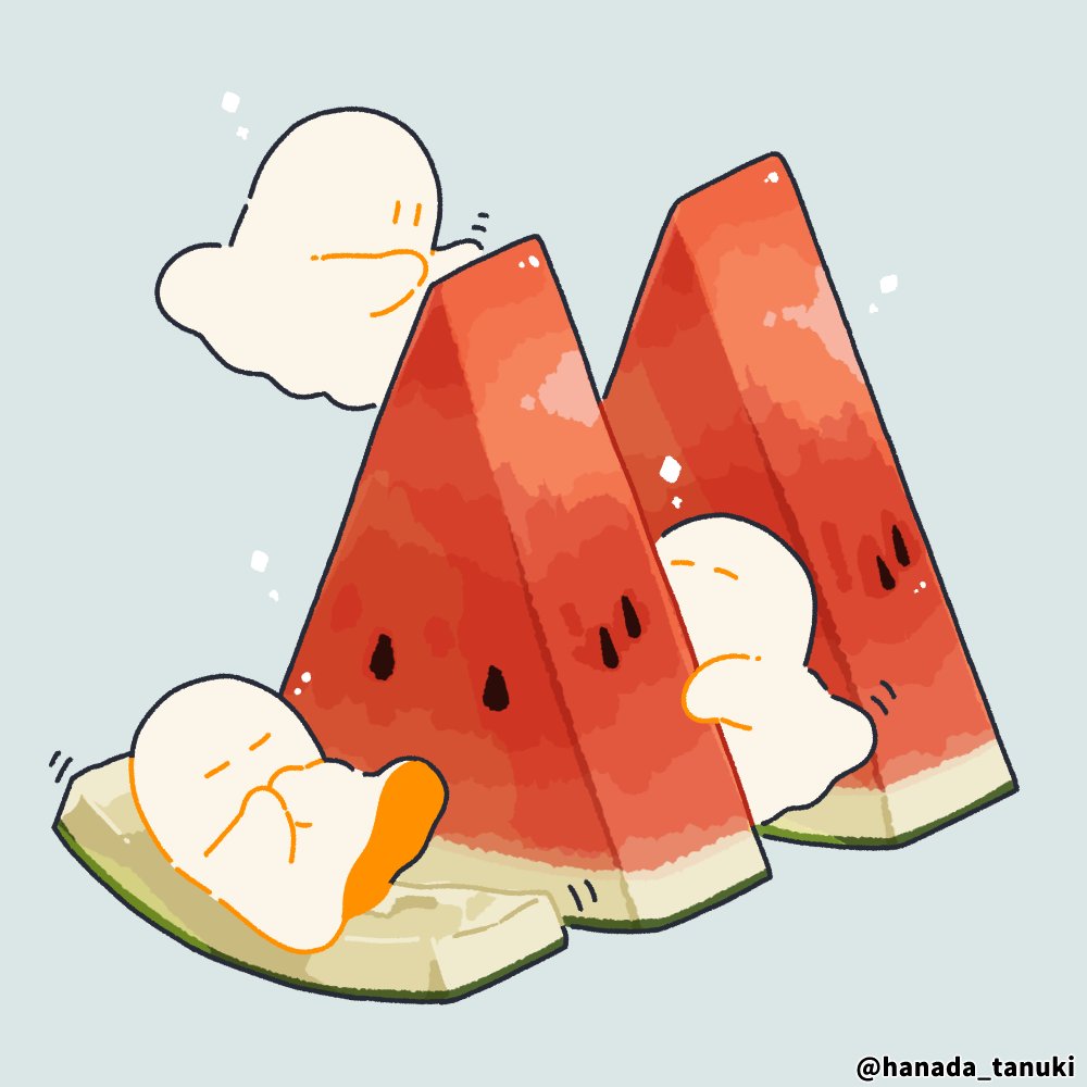 artist_name, commentary, floating, food, fruit, ghost, grey_background, hanada_tanuki, lying, no_humans, on_back, original, sheet_ghost, simple_background, untranslatable_commentary, watermelon, watermelon_slice